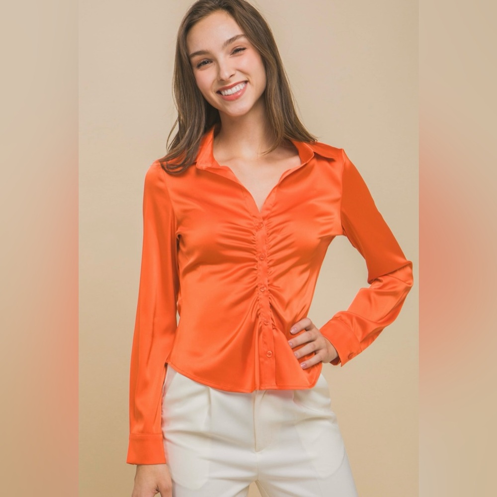 Satin Long sleeve button down ruched blouse orange  . New with tags.